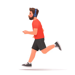 Happy man runs on a white background. The guy listens to music on headphones while jogging. Vector illustration