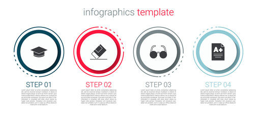 Set Graduation cap, Eraser or rubber, Glasses and Exam sheet with A plus grade. Business infographic template. Vector