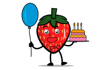 Strawberry Cartoon mascot or character holding balloons and birthday cake at birthday celebration event