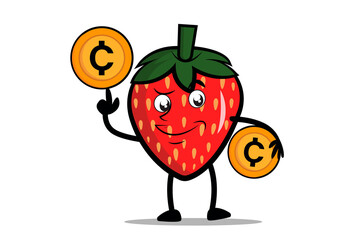 Strawberry Cartoon mascot or character holding crypto coins, digital coins or digital money