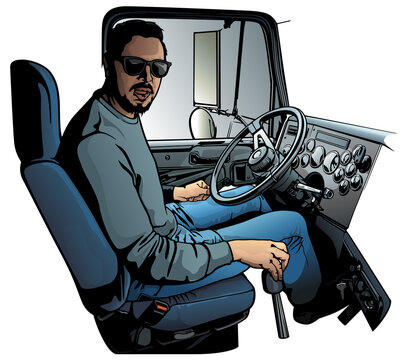 Professional Truck Driver Driving Truck Vehicle Going for a Long Transportation Route - Colored Illustration, Vector