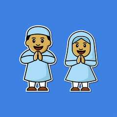 two girls  and a boy wish you a happy Eid al-Adha, vector illustration