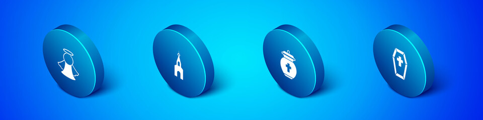 Set Isometric Angel, Funeral urn, Coffin with cross and Church building icon. Vector