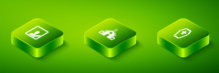 Set Isometric Church building, Coffin with cross and Mourning photo frame icon. Vector