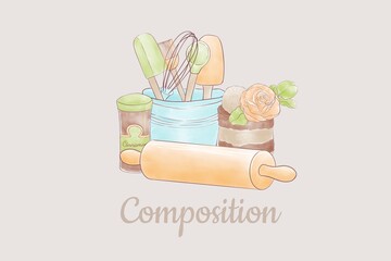 A composition of illustrations of kitchen accessories and desserts_ a jar of cinnamon, a bucket with a broom, a spatula and a brush, a rolling pin, cakes decorated with candy and an orange rose