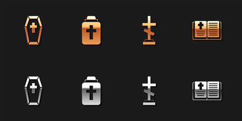 Set Coffin with cross, Funeral urn, Grave and Holy bible book icon. Vector