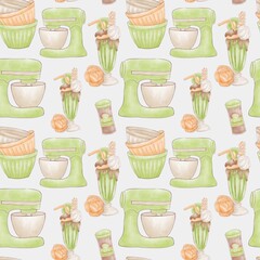 A pattern of green kitchen accessories - a mixer with a bowl, a cocktail, cups, a jar of cinnamon on a pale green background