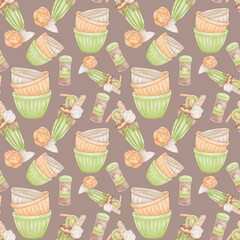 A pattern of hand-drawn elements of a cup, seasoning, cocktail on a brown background seamless pattern on a confectionery theme