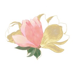 Bouquet, arrangement of pink and gold flowers, magnolias for decoration, invitations and postcards