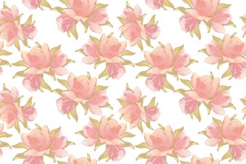 Luxurious composition of pink flowers and golden leaves, seamless pattern on a white background