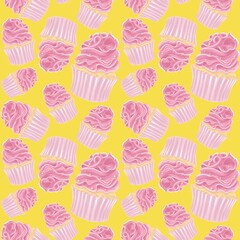 Pink cupcake pattern on yellow background seamless bright pastry design