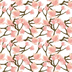 Pink magnolia flowers on twigs, seamless pattern on white background