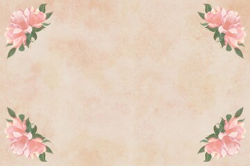 Print template, beige aged background with pink flower decoration at the corners