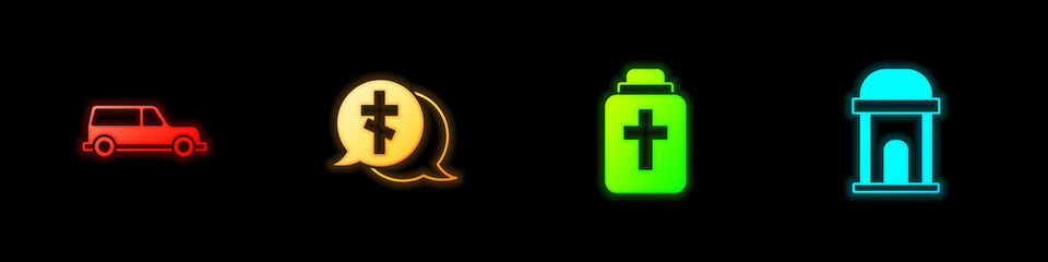 Set Hearse car, Grave with cross, Funeral urn and Old crypt icon. Vector