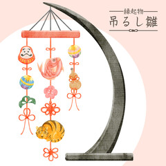 和風縁起物の吊るし雛の手描き水彩風イラスト