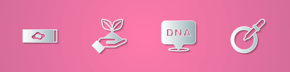 Set paper cut Blood test and virus, Plant in hand, DNA symbol and Petri dish with pipette icon. Paper art style. Vector