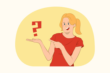 Young excited woman point hands arms aside on question mark concept