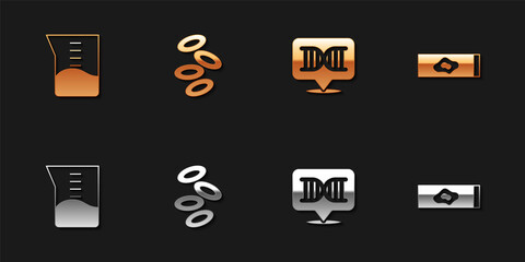 Set Laboratory glassware or beaker, Hemoglobin, DNA symbol and Blood test and virus icon. Vector