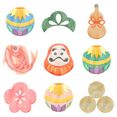 日本の縁起物手描き水彩風イラスト