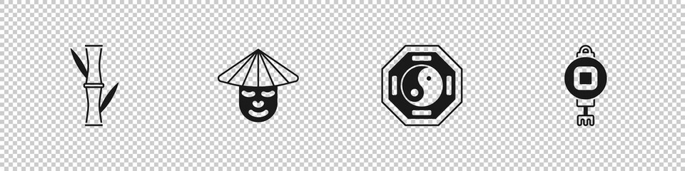 Set Bamboo, Chinese man, Yin Yang and paper lantern icon. Vector