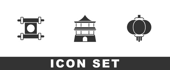 Set Decree, paper, parchment, scroll, Chinese house and lantern icon. Vector