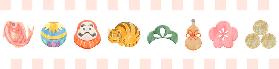 日本の縁起物手描き水彩風イラスト