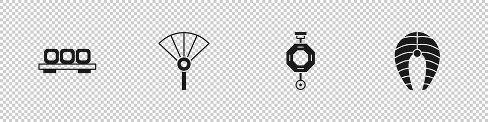 Set Sushi on cutting board, Chinese or japanese folding fan, paper lantern and Fish steak icon. Vector