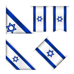 Set of five Israeli flags. Realistic Israel flags isolated on white background. Corner, vertical and horizontal banners. Vector illustration.