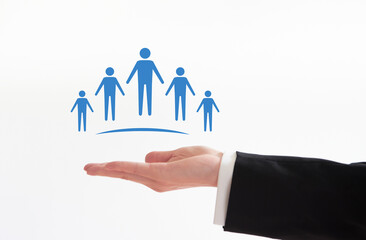 Five simplified character illustrations on one hand