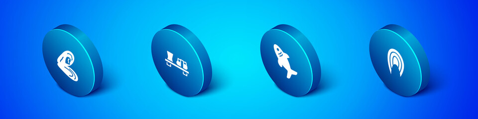 Set Isometric Mussel, Shark, Fish steak and Sushi on cutting board icon. Vector