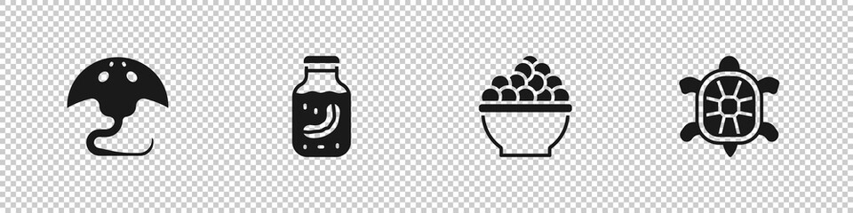 Set Stingray, Sea cucumber jar, Caviar and Turtle icon. Vector