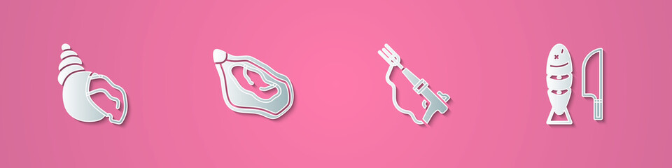 Set paper cut Scallop sea shell, Mussel, Fishing harpoon and with sliced pieces icon. Paper art style. Vector