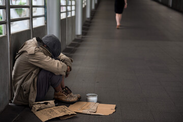 Fototapeta premium Homeless old man beg for money in city