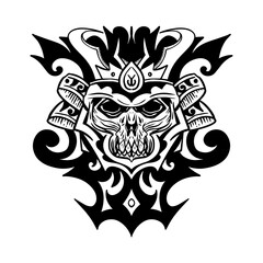 Black and white Japanese army skull head illustration for sticker design, t-shirt, and tattoo. Classic Japanese skull triball head logo.
