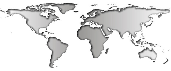 Papercut world map with shadows and gradient on continents and isolated on white background, monochrome, elements of this image furnished by NASA.