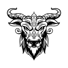 Black and white bull's head illustration for sticker, t-shirt, and tattoo designs. Classic bull head triball logo.