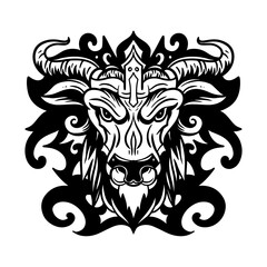 Black and white bull's head illustration for sticker, t-shirt, and tattoo designs. Classic bull head triball logo.