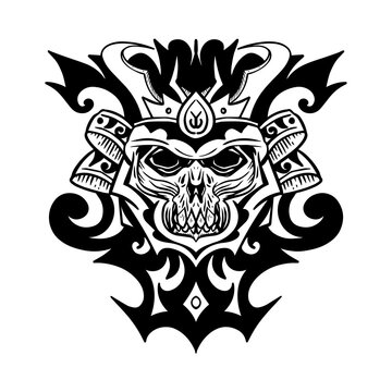 Black and white Japanese army skull head illustration for sticker design, t-shirt, and tattoo. Classic Japanese skull triball head logo.