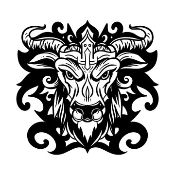 Black and white bull's head illustration for sticker, t-shirt, and tattoo designs. Classic bull head triball logo.