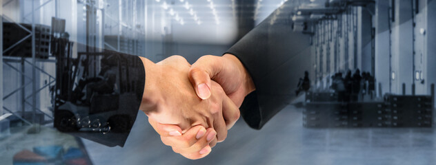 Storage and Warehousing Business Services, Double exposure of Businessman shaking hands contract...