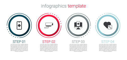 Set Online poker table game, Security camera, and Game dice. Business infographic template. Vector