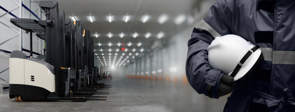 Head of the Cargo Operation Control worker on cold storage warehouse Double exposure image with Forklift standing on Loading area. Warehouse storage system service concept in Banner size.