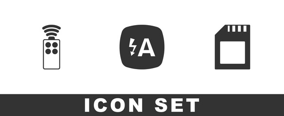 Set Remote control for camera, Auto flash and SD card icon. Vector