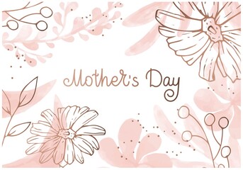 Minimal floral background with pink and golden tropical flowers and leaves. Vector illustartion with lettering. Mothers Day holiday