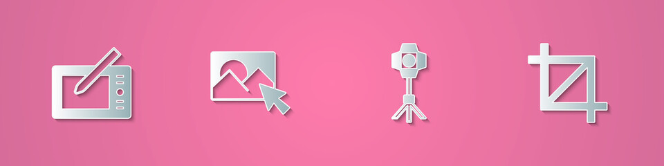 Obraz premium Set paper cut Graphic tablet, Photo retouching, Softbox light and Picture crop photo icon. Paper art style. Vector