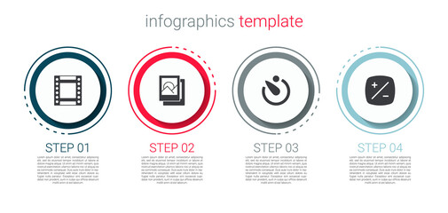 Set Camera roll cartridge, Photo frame, timer and Exposure compensation. Business infographic template. Vector