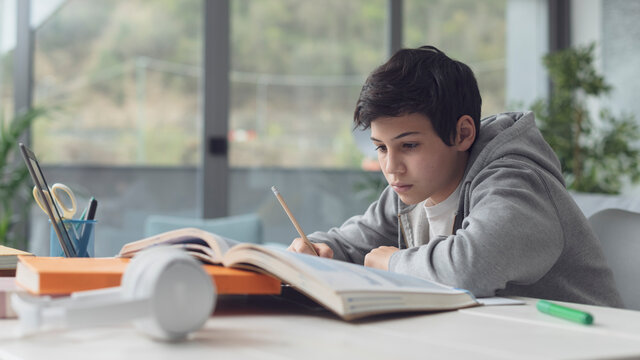 Cute boy studying at home - Powered by Adobe