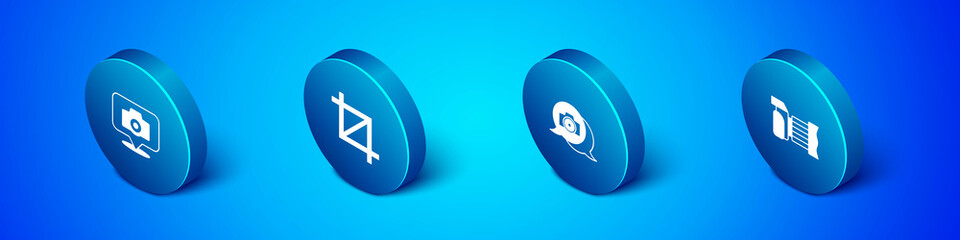 Set Isometric Photo camera, , and Picture crop photo icon. Vector