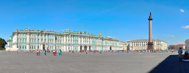 SAINT PETERSBURG, RUSSIA-AUGUST 18, 2020: Palace Square, the Alexandrian Column and the Winter Palace in Saint Petersburg. This historical place is visited by all tourists