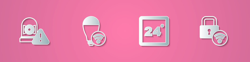 Set paper cut Ringing alarm bell, Smart light bulb, Thermostat and Digital door lock icon. Paper art style. Vector